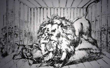  Lion-bait at Warwick between Wallace and Dogs, Tinker and Ball, circa 1825.